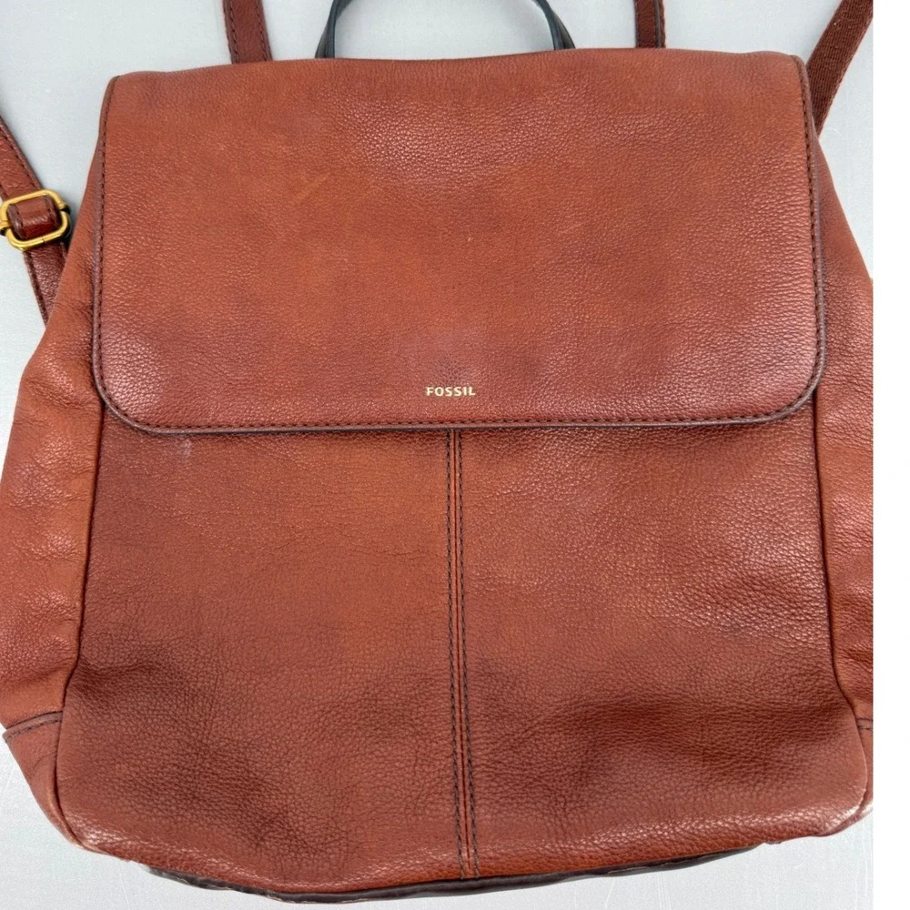 Fossil Camilla Small Cognac Brown Pebbled‎ Leather Backpack Handbag ZB7529